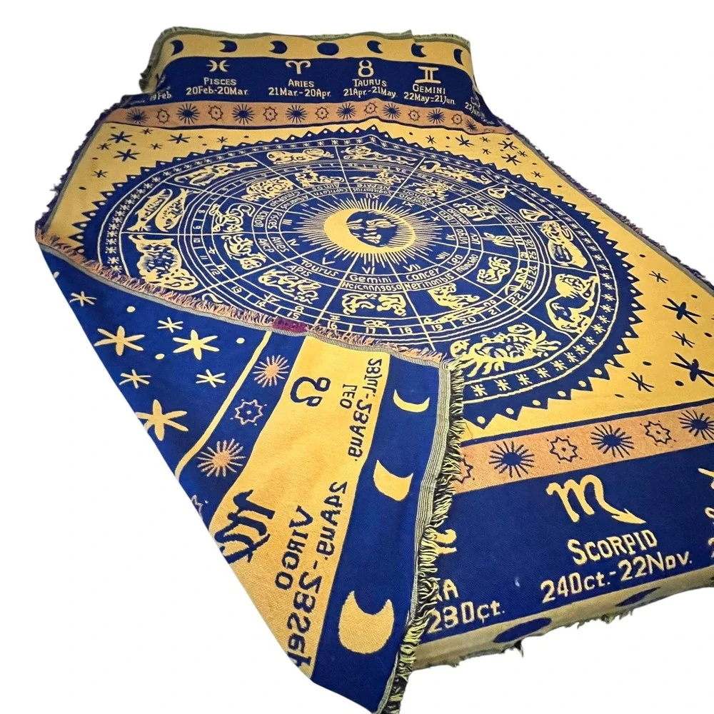 Vintage Woven Zodiac Celestial Tapestry Throw Blanket Blue Gold Astrology Sun